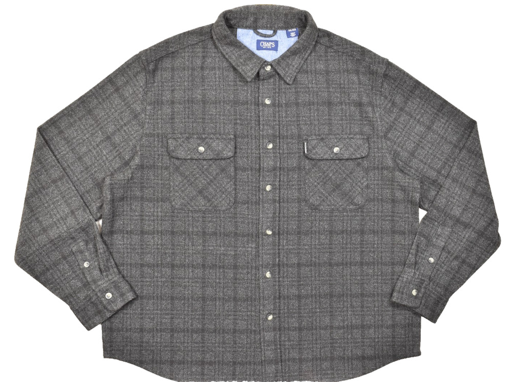Chaps Men XXL Gray Plaid Flannel Button Down Shirt Long Sleeve Heavyweight Stret